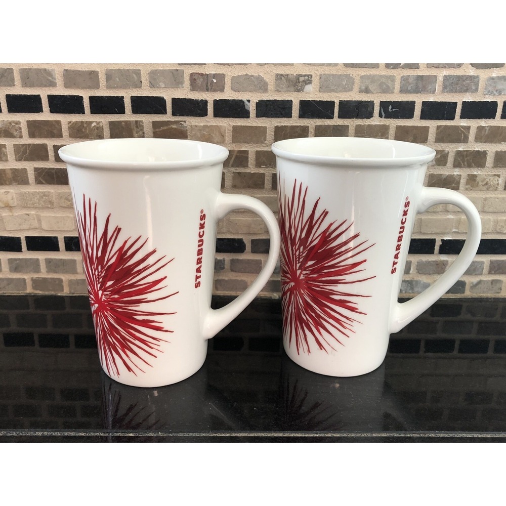 Starbucks Fireworks Coffee‎ Red and White Starburst Coffee Tea Tall Mugs 2014